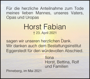 Traueranzeige von Horst Fabian von Pinneberger Tageblatt