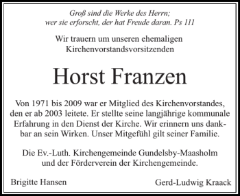 Traueranzeige von Horst Franzen von Flensburger Tageblatt