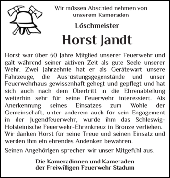 Traueranzeige von Horst Jandt von Nordfriesland Tageblatt