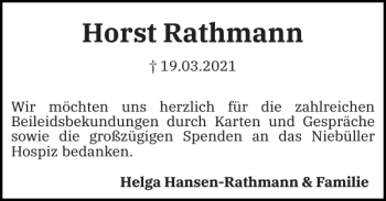 Traueranzeige von Horst Rathmann von Husumer Nachrichten