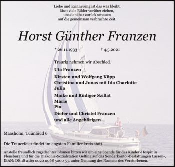 Traueranzeige von Horst Günther Franzen von Flensburger Tageblatt