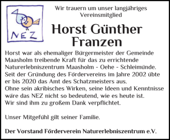 Traueranzeige von Horst Günther Franzen von Flensburger Tageblatt
