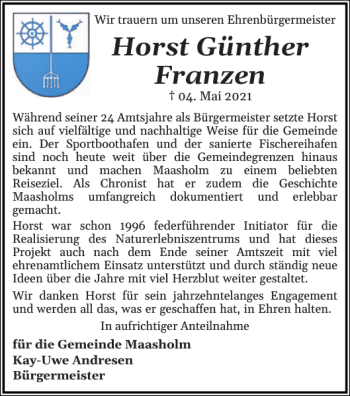 Traueranzeige von Horst Günther Franzen von Flensburger Tageblatt