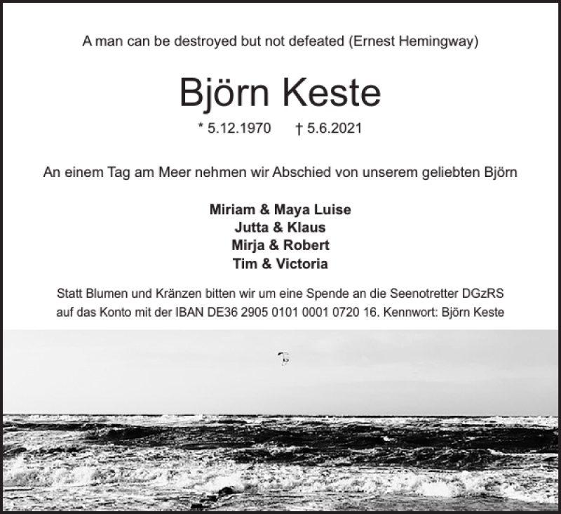  Traueranzeige für Björn Keste vom 12.06.2021 aus Holsteinischer Courier