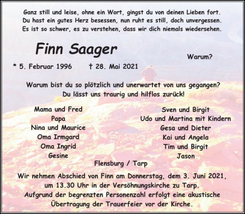  Traueranzeige für Finn Saager vom 01.06.2021 aus Flensburger Tageblatt