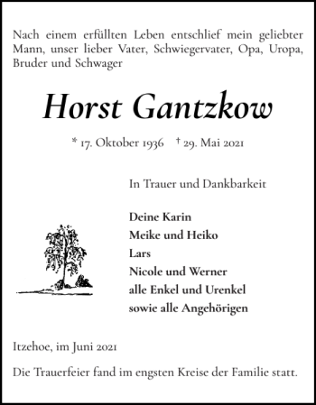 Traueranzeige von Horst Gantzkow von Norddeutsche Rundschau