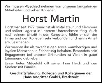 Traueranzeige von Horst Martin von Husumer Nachrichten