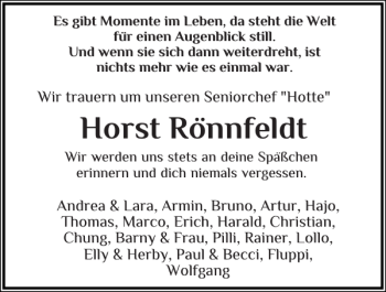 Traueranzeige von Horst Rönnfeldt von Landeszeitung