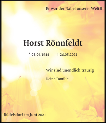 Traueranzeige von Horst Rönnfeldt von Landeszeitung