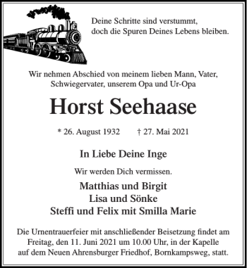 Traueranzeige von Horst Seehaase von Stormarner Tageblatt