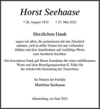 Traueranzeige von Horst Seehaase von Stormarner Tageblatt
