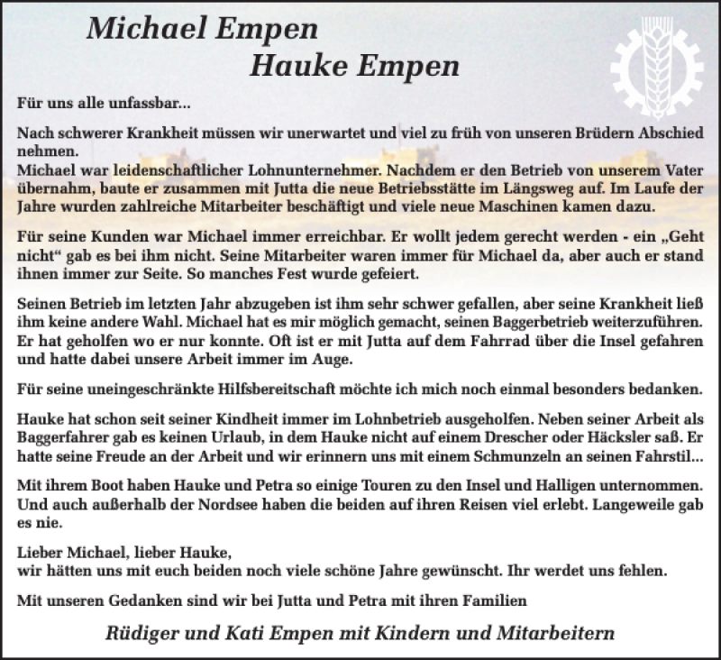  Traueranzeige für Michael Empen Hauke Empen vom 04.06.2021 aus Husumer Nachrichten