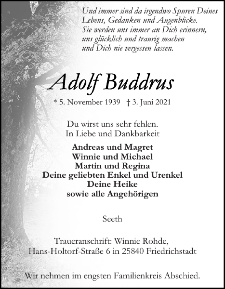  Traueranzeige für und Seeth im Traueranschrift Winnie Rohde Hans-Holtorf-Straße Friedrichstadt  vom 12.06.2021 aus Husumer Nachrichten