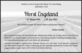 Traueranzeige von Horst Engeland von Flensburger Tageblatt