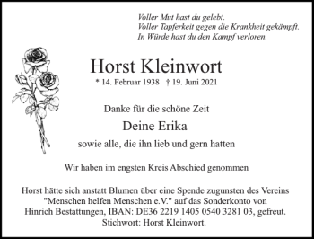 Traueranzeige von Horst Kleinwort von Uetersener Nachrichten