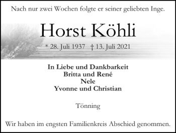 Traueranzeige von Horst Köhli von Husumer Nachrichten