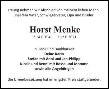 Traueranzeige von Horst Menke von Holsteinischer Courier