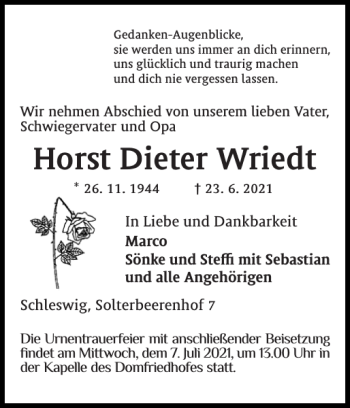 Traueranzeige von Horst Dieter Wriedt von Schleswiger Nachrichten