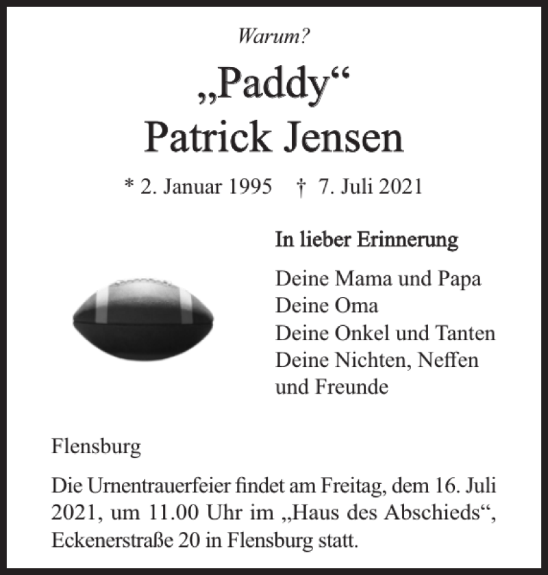  Traueranzeige für Paddy Patrick Jensen vom 12.07.2021 aus Flensburger Tageblatt