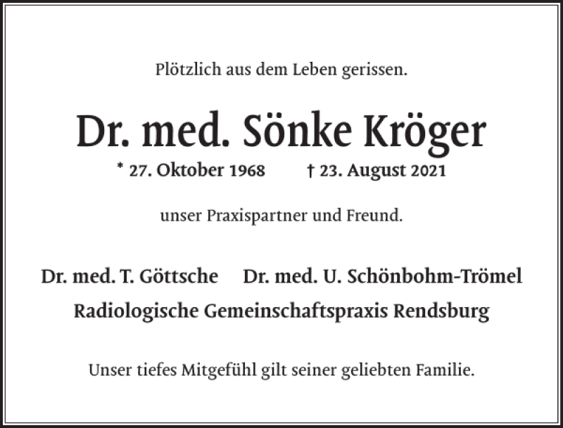  Traueranzeige für Dr. med. Sönke Kröger vom 30.08.2021 aus Landeszeitung