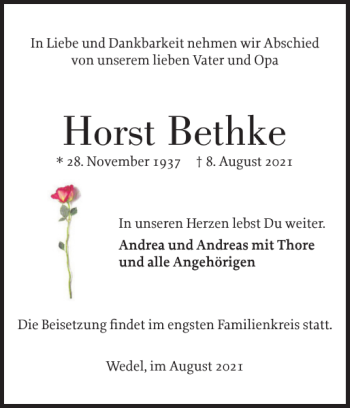 Traueranzeige von Horst Bethke von Wedel-Schulauer Tageblatt