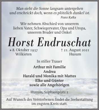 Traueranzeige von Horst Endruschat von Husumer Nachrichten