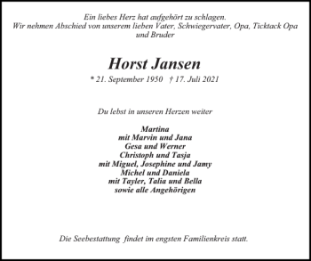 Traueranzeige von Horst Jansen von Holsteinischer Courier