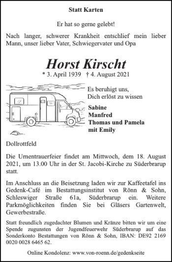 Traueranzeige von Horst Kirscht von Schleswiger Nachrichten