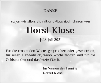 Traueranzeige von Horst Klose von Schleswiger Nachrichten