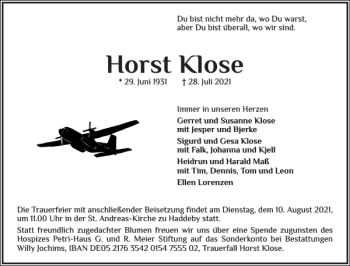 Traueranzeige von Horst Klose von Schleswiger Nachrichten
