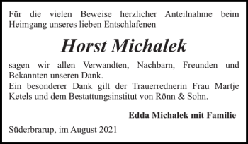 Traueranzeige von Horst Michalek von Schleswiger Nachrichten