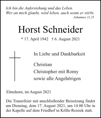 Traueranzeige von Horst Schneider von Elmshorner Nachrichten