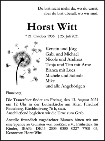 Traueranzeige von Horst Witt von Pinneberger Tageblatt