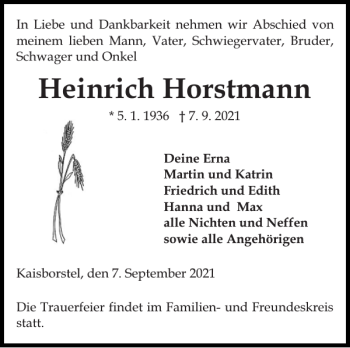 Traueranzeige von Heinrich Horstmann von Norddeutsche Rundschau