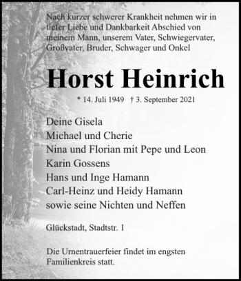 Traueranzeige von Horst Heinrich von Norddeutsche Rundschau