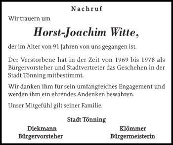 Traueranzeige von Horst-Joachim Witte von Husumer Nachrichten