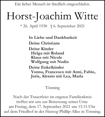Traueranzeige von Horst-Joachim Witte von Husumer Nachrichten
