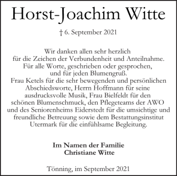 Traueranzeige von Horst-Joachim Witte von Husumer Nachrichten