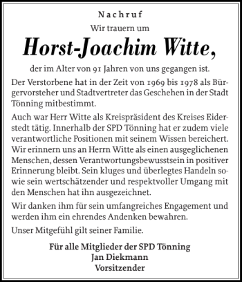 Traueranzeige von Horst-Joachim Witte von Husumer Nachrichten