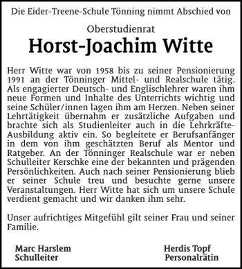 Traueranzeige von Horst-Joachim Witte von Husumer Nachrichten