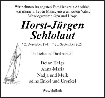 Traueranzeige von Horst-Jürgen Schlolaut von Norddeutsche Rundschau