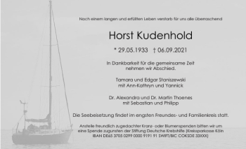 Traueranzeige von Horst Kudenhold von Pinneberger Tageblatt