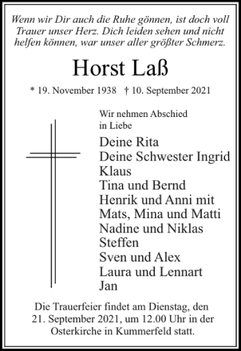 Traueranzeige von Horst Laß von Pinneberger Tageblatt