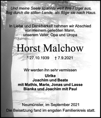 Traueranzeige von Horst Malchow von Holsteinischer Courier