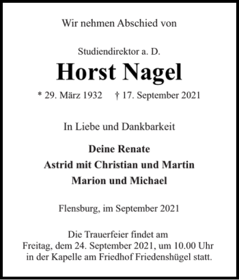 Traueranzeige von Horst Nagel von Flensburger Tageblatt