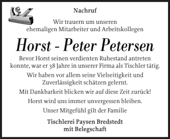 Traueranzeige von Horst-Peter Petersen von Husumer Nachrichten