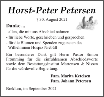 Traueranzeige von Horst-Peter Petersen von Flensburger Tageblatt