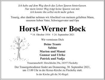 Traueranzeige von Horst-Werner Bock von Eckernförder Zeitung