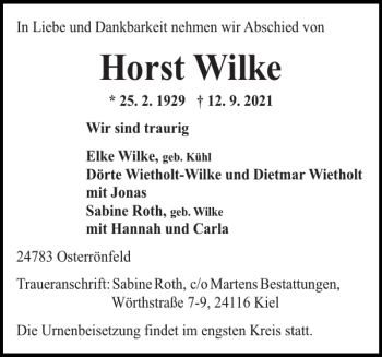 Traueranzeige von Horst Wilke von Landeszeitung