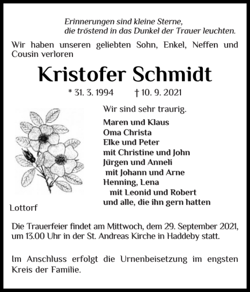  Traueranzeige für Kristofer Schmidt vom 24.09.2021 aus Schleswiger Nachrichten